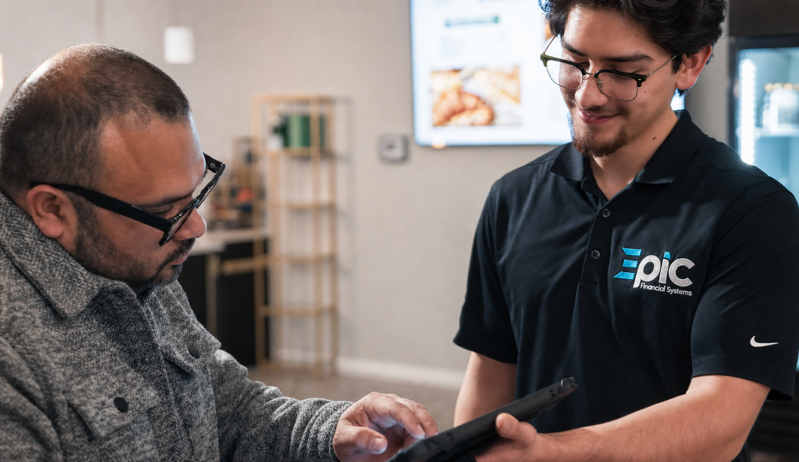 Epic Financial Systems representative helping a customer with a payment device