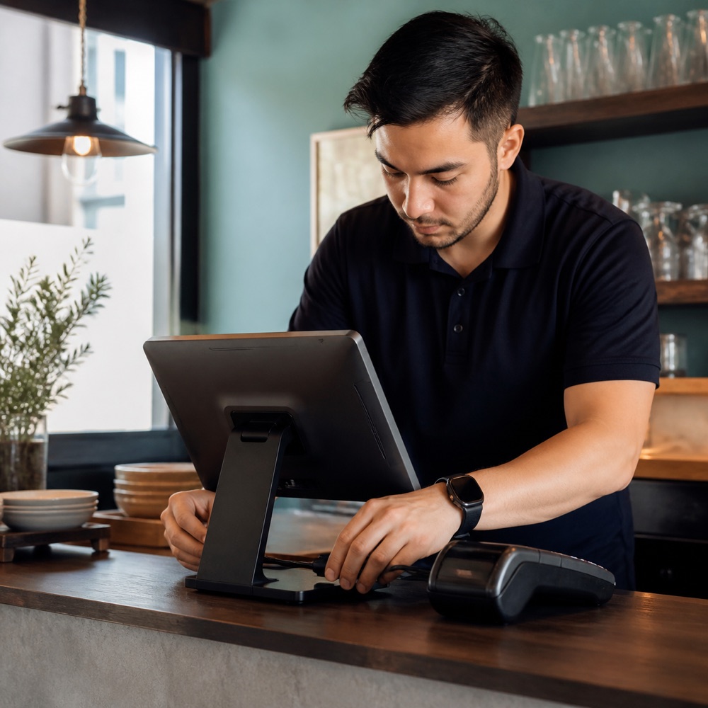 Epic team member preparing payment equipment