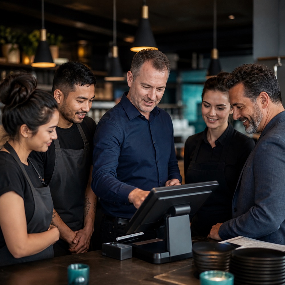 A restaurant team receiving point-of-sale training