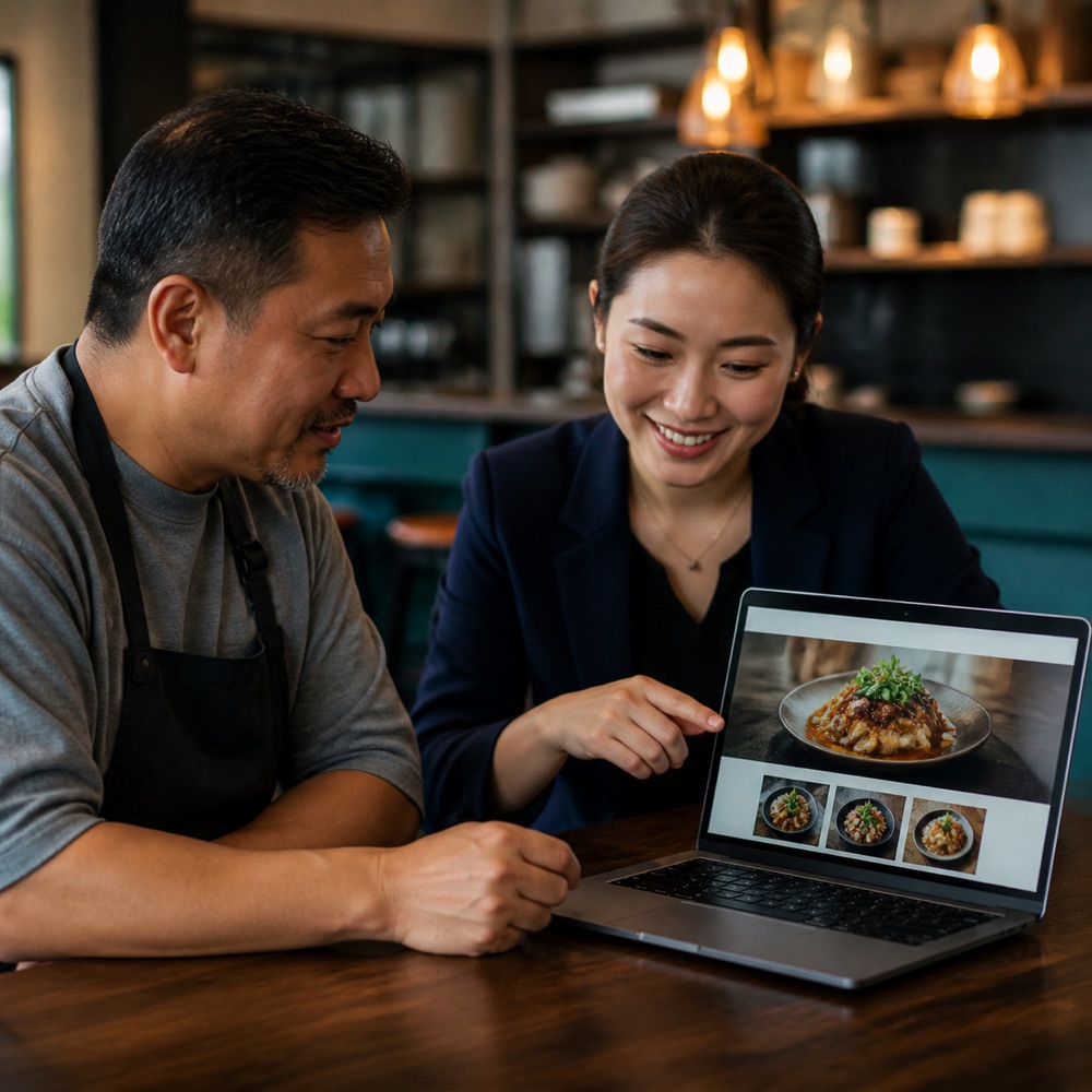 Business owner and advisor reviewing an online ordering experience