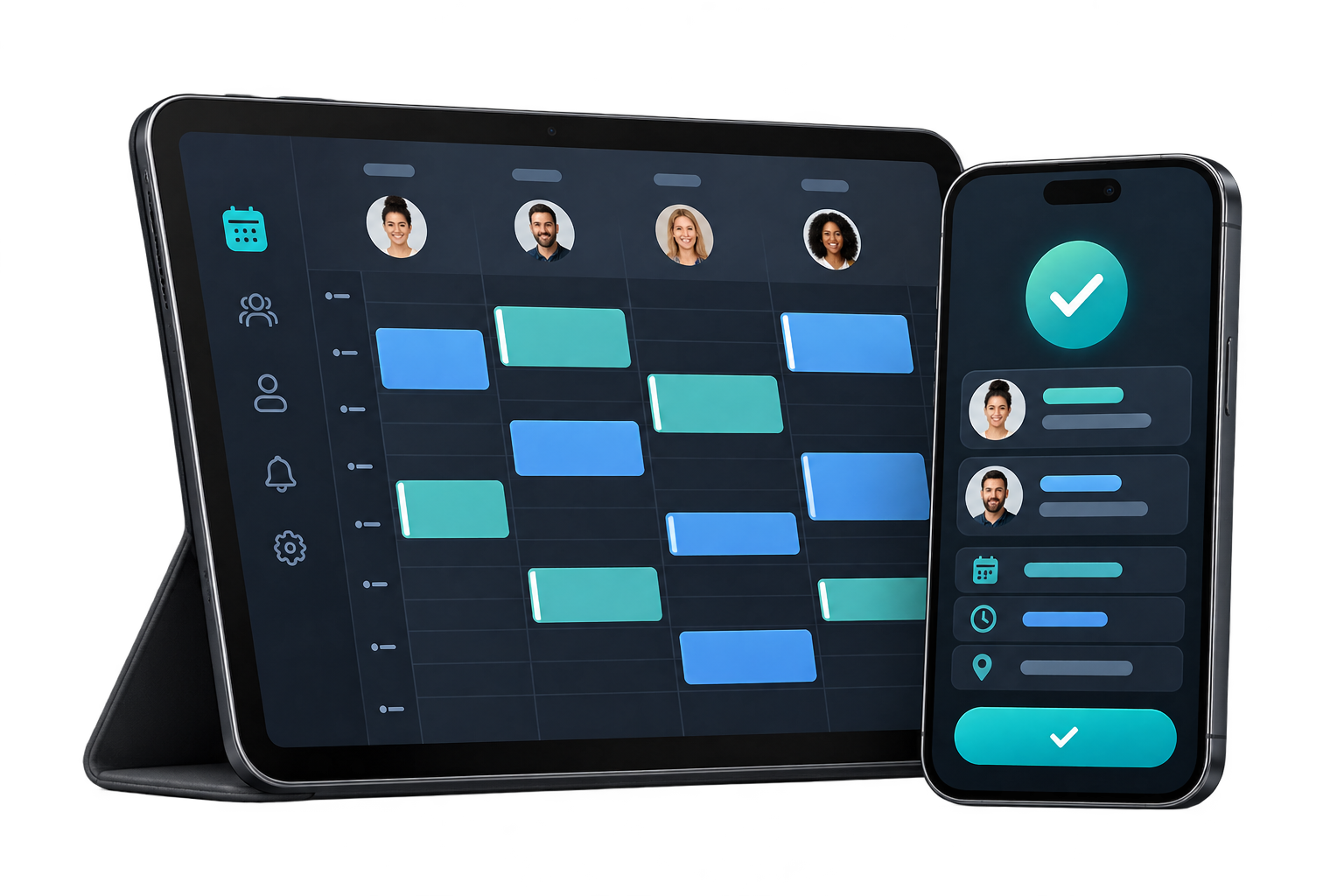 Appointment and staff scheduling displayed on a tablet and phone