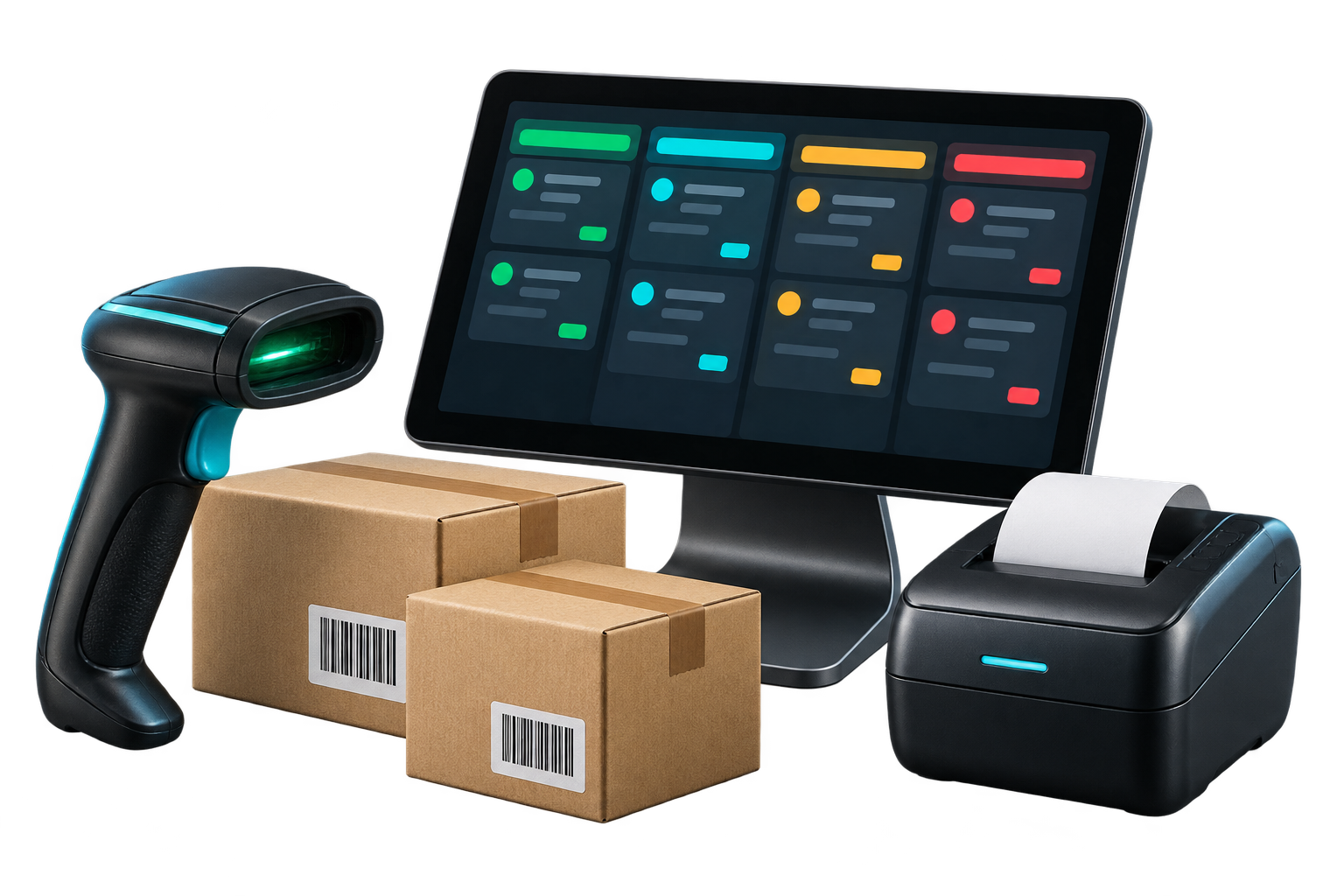 Inventory scanner, order display, product boxes, and receipt printer