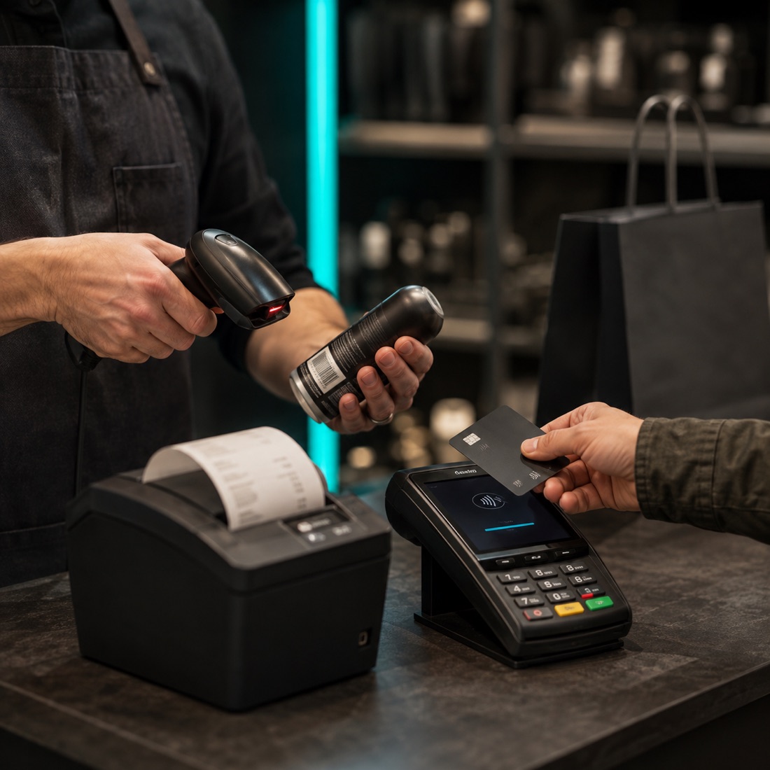 Customer making a contactless payment beside a retail barcode scanner