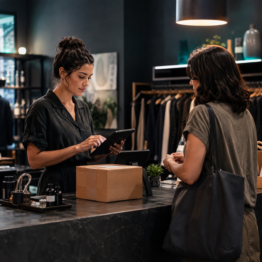 Retail associate using a point-of-sale tablet while helping a customer