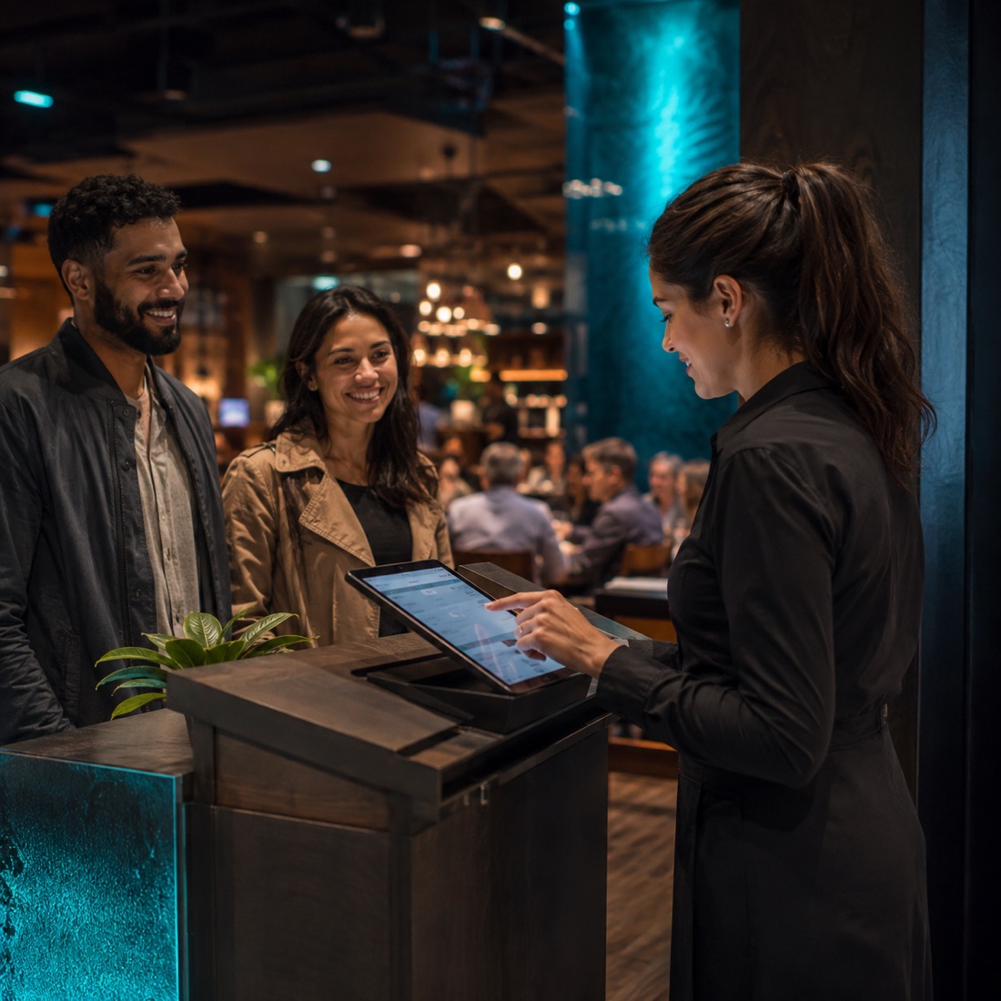 Restaurant team member assisting guests with a modern point-of-sale system