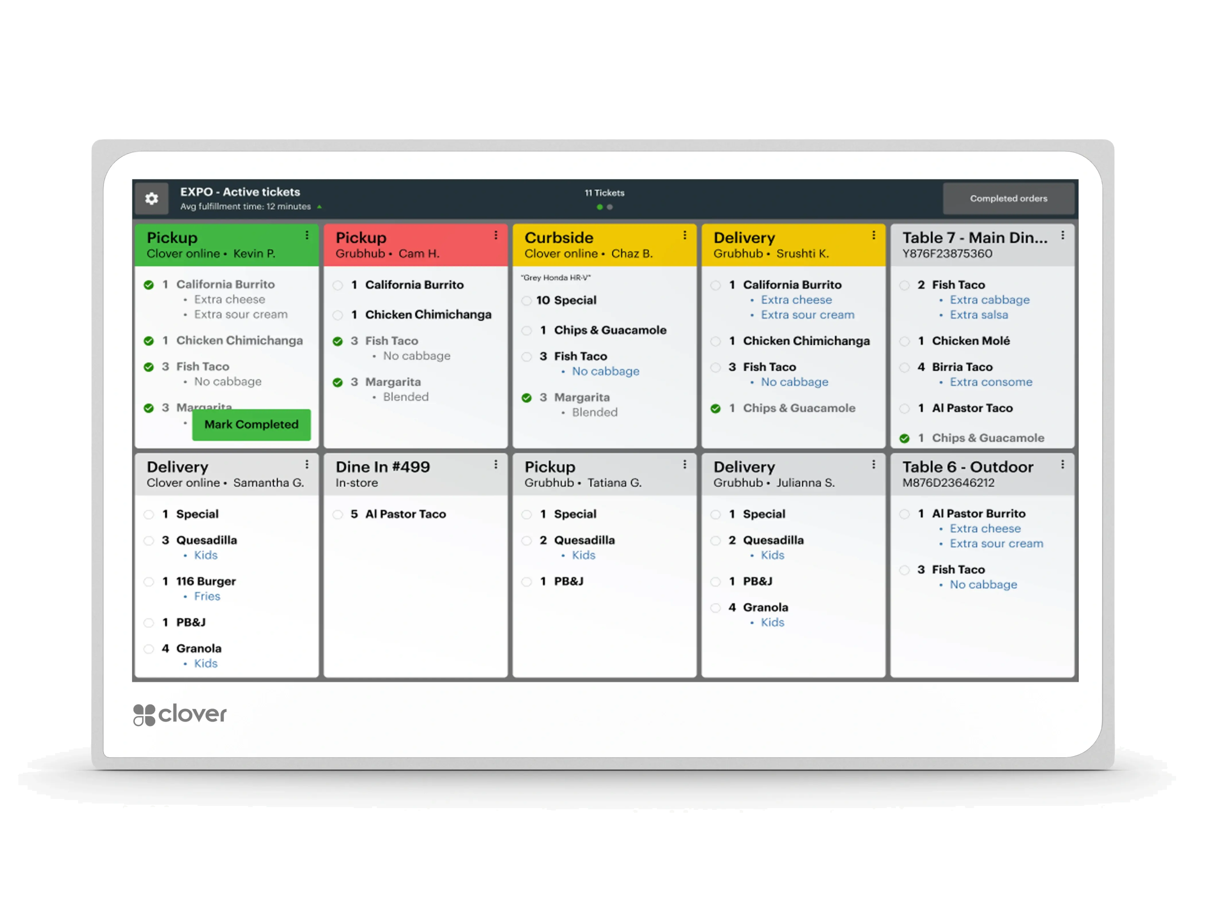 Clover kitchen display system showing restaurant orders