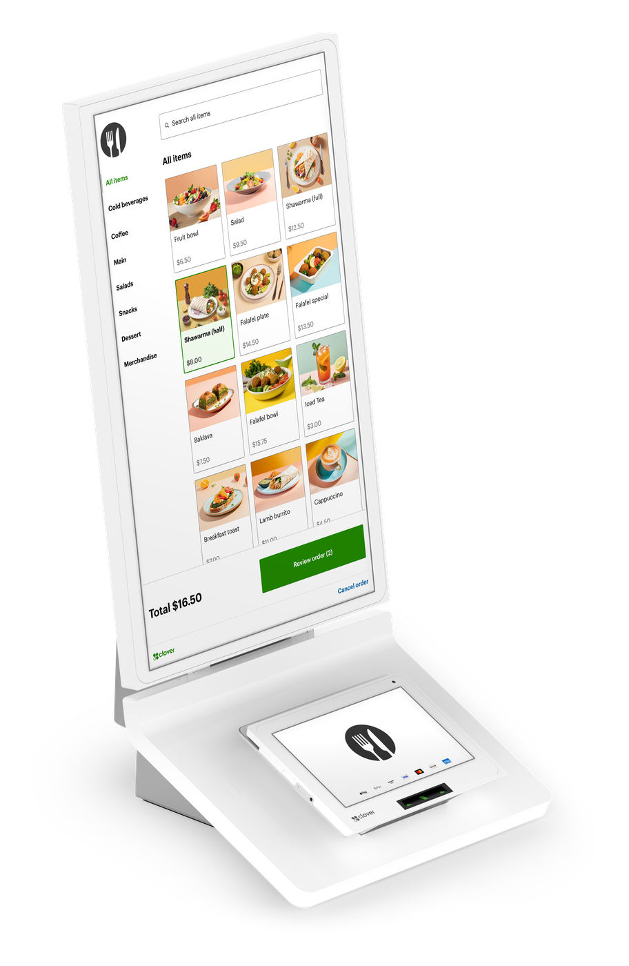 Clover self-service restaurant ordering kiosk displaying a guest ordering menu