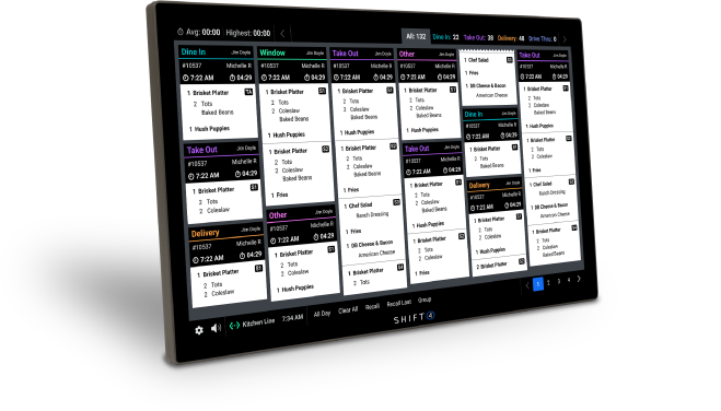 Shift4 Dine kitchen display system showing restaurant tickets