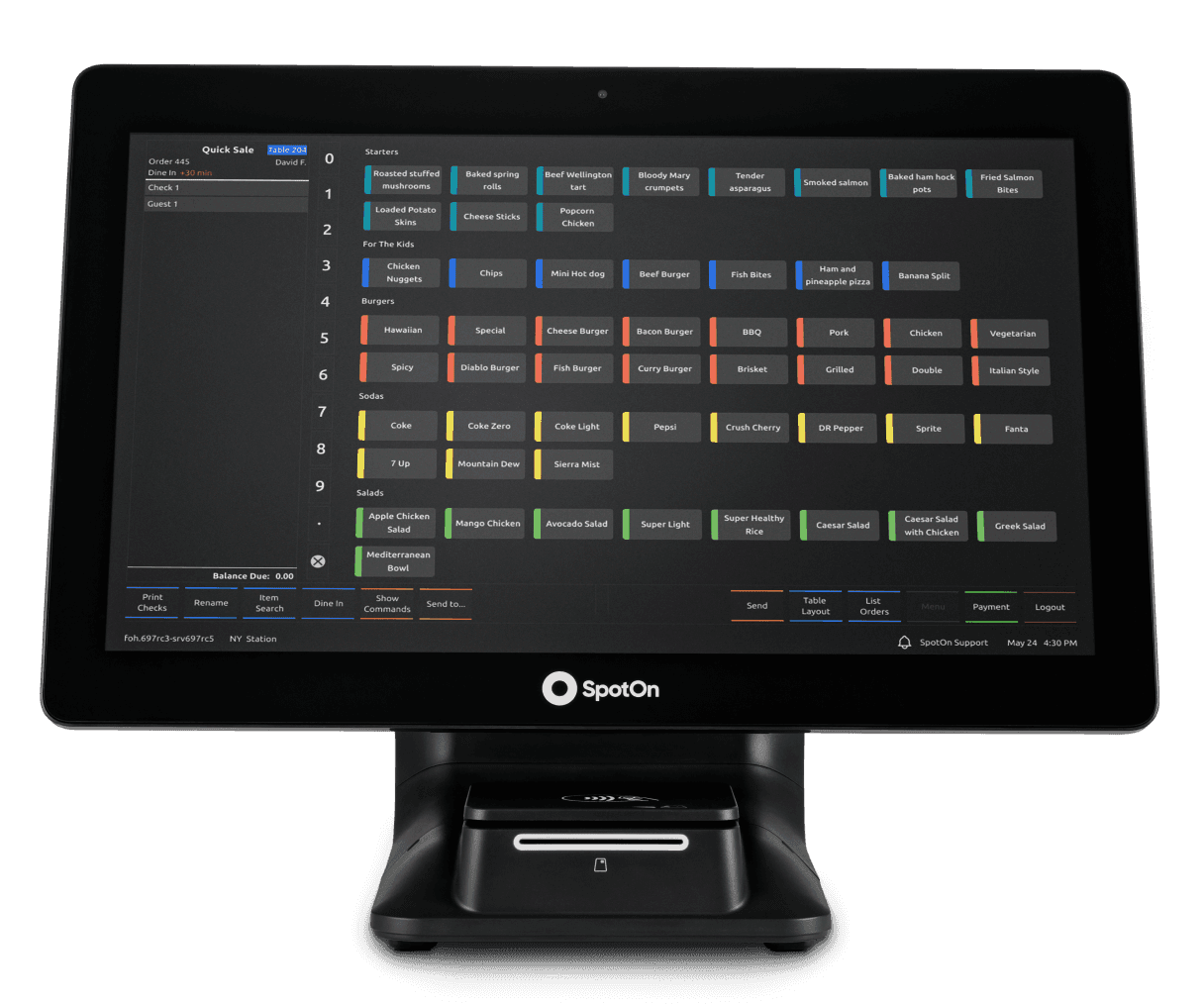 SpotOn Station 15 restaurant point-of-sale system with integrated payment reader